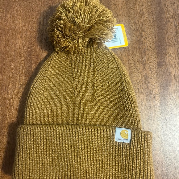 Carhartt Women's Brown/mustard knit Pom Pom cuffed beanie nwt - Picture 3 of 6